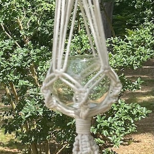 May include: A cream-colored macrame plant hanger with a wooden ring at the top. The plant holder is suspended from a tree branch, showcasing a clear glass container. The design features intricate knotting and a tassel at the bottom.