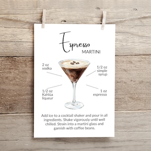 Espresso Martini Recipe Card Printable | Cocktail Party Bar Decor, Drink Station Sign, Instant Download