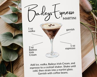 Tarjeta de receta de Baileys Espresso Martini / Menú de cócteles imprimible (descarga digital)