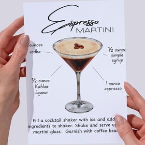 Espresso Martini Receptkaart | Afdrukbaar cocktailmenu | Happy Hour-barwagendecor | Zelfgemaakt martini-feestbord | Direct downloaden