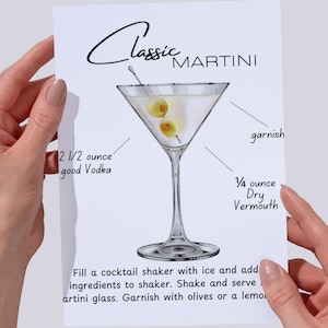 Klassieke martini-receptenkaart | Afdrukbaar cocktailmenu | Happy Hour-barwagendecor | Zelfgemaakt martini-feestbord | Direct downloaden