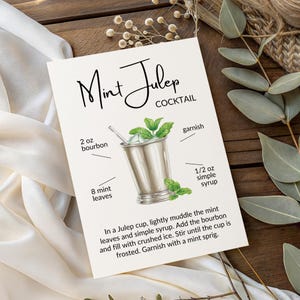 Tarjeta con receta de julepe de menta / Letrero para bar de fiesta del Derby de Kentucky / Descarga digital