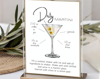 Tarjeta de receta de Martini Sucio / Plantilla de menú de cócteles elegantes - Descarga digital 5x7