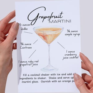 Grapefruit Martini Receptkaart | Afdrukbaar cocktailmenu | Happy Hour-barwagendecor | Zelfgemaakt martini-feestbord | Direct downloaden