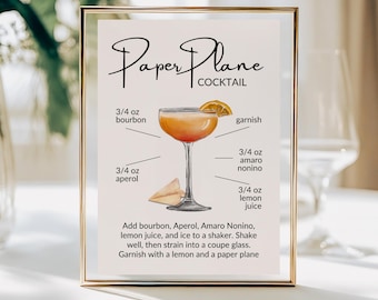 Paper Plane Cocktail Recipe Card: Modern Bar Cart Decor (Digital Download)