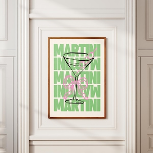 Martini Martini Plakat – Cyfrowy wydruk koktajlowy z kokardą | Typografia retro i ilustracja do baru, kuchni lub studia