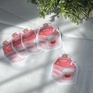 Strawberry Milk Carton Bear Sticker | Cute Sticker | Handmade | Laptop Journal | Glossy Sticker