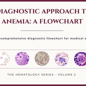 Puede incluir: Un gráfico educativo médico titulado DIAGNOSTIC APPROACH TO ANEMIA: A FLOWCHART. Incluye el subtítulo A visual comprehensive diagnostic flowchart for medical students y THE HEMATOLOGY SERIES - VOLUME 2, con cinco imágenes microscópicas circulares de células sanguíneas.