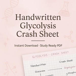 Op de afbeelding: Een lichtroze achtergrond met de woorden "Handgeschreven Glycolyse Crash Sheet" in donkerbruin. Daaronder staat "Instant Download Study Ready PDF". Een close-up van een handgeschreven grafiek met de titel "Glycolyse - Crash Sheet" staat rechtsonder.