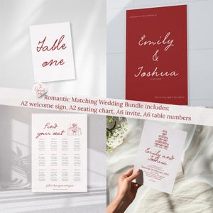 Peut inclure: Ensemble de papeterie de mariage avec des éléments bordeaux et blancs. Comprend un panneau de bienvenue, un plan de table, une invitation et des numéros de table. L'invitation est tenue par une main. Le texte comprend les noms Emily & Joshua.