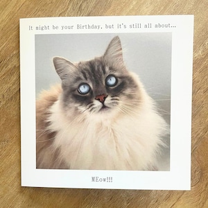 Send Birthday wishes to loved ones with a serving of Catitude "It might be your Birthday but it's still all about Meow" Blank Inside.
