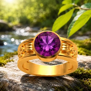 Amethyst Ring for Men, Gold Signet Ring, Purple Gemstone Ring, Statement Jewelry Gift for Him, Luxury Men's Ring