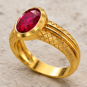 Ruby Red Gemstone Ring, 14K Gold Plated Ring, Round Cut Solitaire Ring, Vintage Filigree Ring, July Birthstone Gift, Timeless Beauty in Gold