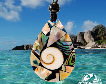 Muschelkette mit Perlmutt, Muschel & Shiva Eye – handgefertigter Anhänger mit verstellbarem Stoffband