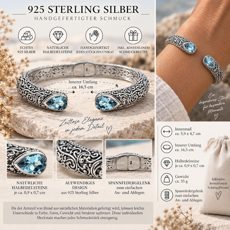 Puede incluir: Un brazalete de plata de ley 925 con intrincados patrones de volutas y dos piedras preciosas azules en forma de pera en los extremos abiertos. La pulsera tiene un cierre de bisagra, una circunferencia interior de 16,5 cm y pesa 35 gramos.