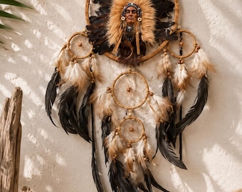 Traumfänger 70 cm con Indianerkopf – Atrapasueños grande con 3 anillos, decoración boho y occidental