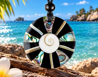 Muschelkette mit Shiva Eye, Perlmutt & Muschel – handgefertigter Boho Anhänger mit verstellbarem Stoffband