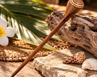 Holz Haarstab mit echter Muschel – handgeschnitzter Hairstick aus Sono- oder Suarholz, 18–20 cm