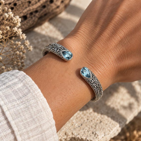 Massiver 925 Silber Armreif mit 2 Halbedelsteinen – handgefertigtes Sterling Silber Armband, 35 g