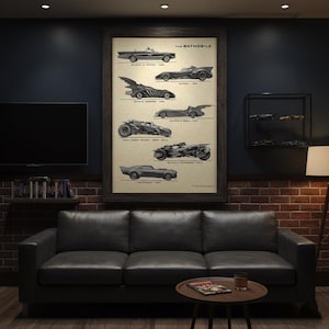 Op de afbeelding: Een ingelijste poster met illustraties van verschillende Batmobile-ontwerpen uit verschillende Batman-films en tv-shows. De poster bevat de tekst "THE BATMOBILE" bovenaan en geeft de jaren weer waarin elk voertuig verscheen.