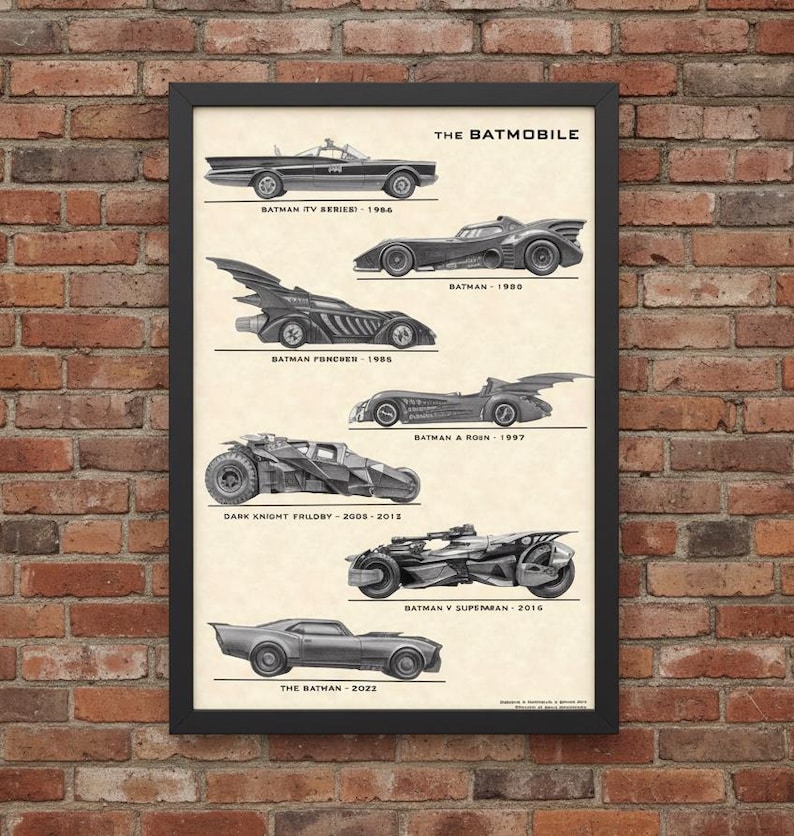 May include: A framed print showcasing the evolution of the Batmobile, featuring various designs from different Batman eras. The black and white illustrations include models from the TV series, 1980, 1997, and 2022, among others. The title "THE BATMOBILE" is at the top.