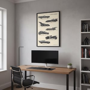 May include: A framed print featuring illustrations of various Batmobile designs, each labeled with the vehicle's name and year. The artwork is in black and white, set against a beige background, and is titled "THE BATMOBILE".