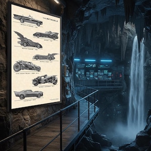 May include: A framed poster titled "The Batmobile" displays illustrations of various Batmobile designs from different eras, including the 1966 TV series and Batman v Superman 2016. The poster is set in a cave-like environment with a waterfall.