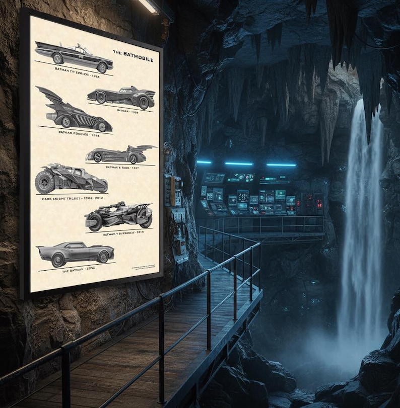 May include: A framed poster titled "The Batmobile" displays illustrations of various Batmobile designs from different eras, including the 1966 TV series and Batman v Superman 2016. The poster is set in a cave-like environment with a waterfall.
