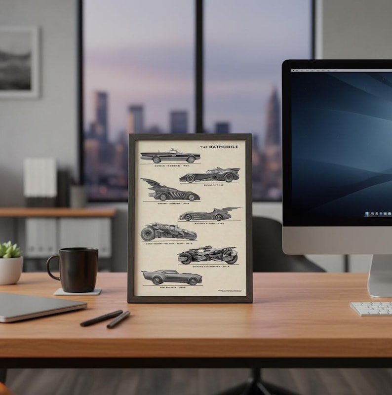 May include: Framed print featuring various Batmobile designs from different eras. The print, titled "The Batmobile," showcases the evolution of the iconic vehicle, with each model labeled by year. The artwork is in black and white, set against a beige background.