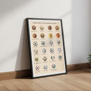 Puede incluir: Impresión enmarcada titulada "Evolución del Balón de la Copa del Mundo", con ilustraciones de balones de fútbol de diferentes años. El fondo beige muestra la evolución del diseño, con texto que indica el año y la ubicación.
