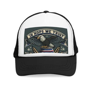 Liquid Courage Mesh Cap, Beer Lover&#39;s Hat, Patriotic Trucker Cap, Summer BBQ Accessory, Gift for Beer Enthusiasts, In hops we trust