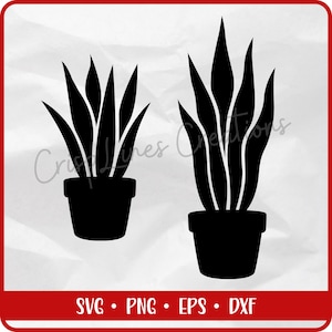 Pode incluir: Silhueta preta de duas plantas-cobra em vasos. As plantas têm folhas longas e pontiagudas. Os vasos são simples e cilíndricos. A imagem inclui o texto "Crisp Lines Creations" e informações do tipo de arquivo: SVG, PNG, EPS e DXF.