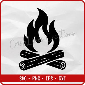 Puede incluir: Gráfico de fogata negra con llamas y dos troncos. El texto "Crisp Lines Creations" está en el fondo. La parte inferior de la imagen tiene el texto "SVG • PNG • EPS • DXF".