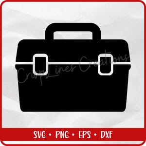 Puede incluir: Caja de herramientas negra con asa y dos cierres blancos. El texto "Crisp Lines Creations" está escrito en la caja de herramientas. La parte inferior de la imagen tiene el texto "SVG • PNG • EPS • DXF" en blanco.