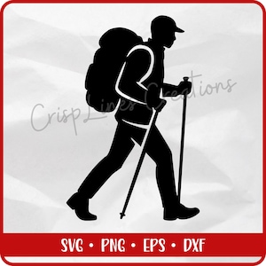 May include: Black silhouette of a person hiking with a large backpack and trekking poles. The person is wearing a cap. The image includes the text "Crisp Lines Creations" and file type indicators: SVG, PNG, EPS, and DXF.