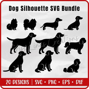 Dog Silhouette SVG Bundle | 20 Clean cut Files – 10 Breeds, Standing & Sitting | Cricut Pet Designs PNG Dxf EPS