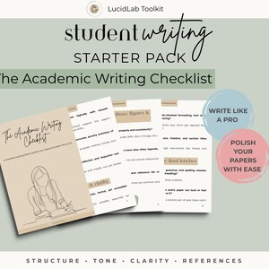 Może przedstawiać: Zestaw startowy do pisania dla student&oacute;w zatytułowany "The Academic Writing Checklist". Obraz przedstawia przewodnik po liście kontrolnej z tekstem "Write Like a Pro" i "Polish Your Papers With Ease" po prawej stronie. Na dole obrazu znajdują się słowa "Structure, Tone, Clarity, References."