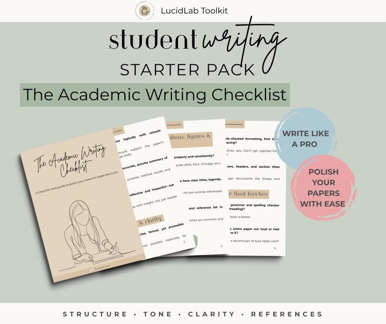 Może przedstawiać: Zestaw startowy do pisania dla student&oacute;w zatytułowany "The Academic Writing Checklist". Obraz przedstawia przewodnik po liście kontrolnej z tekstem "Write Like a Pro" i "Polish Your Papers With Ease" po prawej stronie. Na dole obrazu znajdują się słowa "Structure, Tone, Clarity, References."