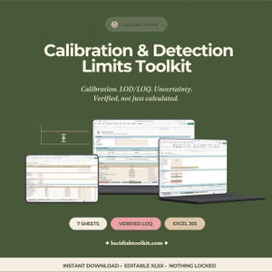 Może przedstawiać: Cyfrowy zestaw narzędzi do kalibracji i limitów wykrywania na ciemnozielonym tle. Zawiera trzy ekrany laptopów z arkuszami kalkulacyjnymi Excel oraz tekst Calibration & Detection Limits Toolkit, 7 SHEETS, VERIFIED LOQ, EXCEL 365 i lucidlabtoolkit.com.