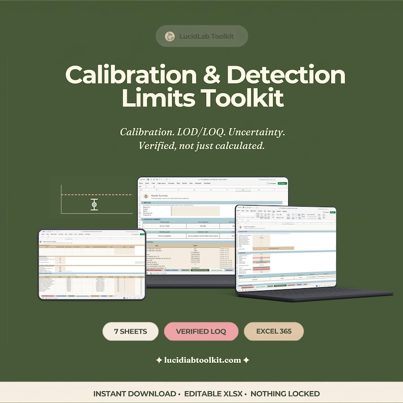 Puede incluir: Un kit de herramientas digitales para calibraci&oacute;n y l&iacute;mites de detecci&oacute;n sobre un fondo verde oscuro. Incluye tres pantallas de ordenador con hojas de c&aacute;lculo Excel y el texto Calibration & Detection Limits Toolkit, 7 SHEETS, VERIFIED LOQ, EXCEL 365 y lucidlabtoolkit.com.