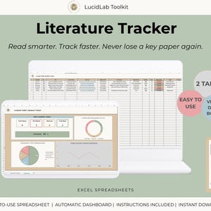 Op de afbeelding: Een digitale spreadsheet voor literatuurtracking met de titel "Literature Tracker" en de tekst "Read smarter. Track faster. Never lose a key paper again." De afbeelding toont een laptop en tablet met de spreadsheet, met labels zoals "2 Tabs".