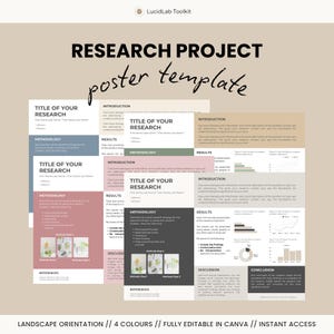 Puede incluir: Una plantilla de póster de proyecto de investigación con un diseño limpio y moderno. El póster presenta secciones para el título, la introducción, la metodología, los resultados, la discusión y la conclusión. La plantilla está en orientación horizontal.