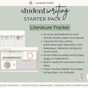 Może przedstawiać: Produkt cyfrowy o nazwie "Student Writing Starter Pack" z szablonem "Literature Tracker". Szablon zawiera arkusz kalkulacyjny Excel do śledzenia artykuł&oacute;w, książek i raport&oacute;w, z kolumnami na szczeg&oacute;ły i inteligentnymi filtrami.