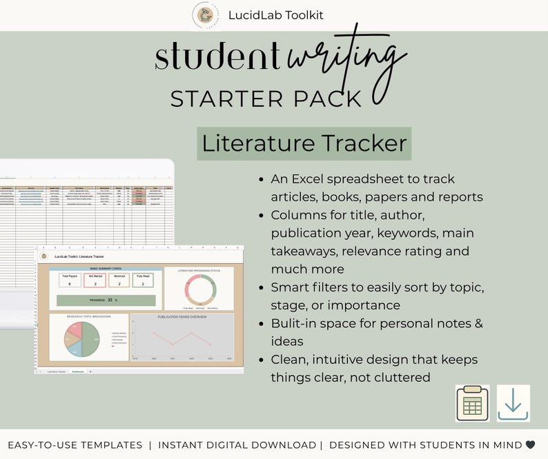 Może przedstawiać: Produkt cyfrowy o nazwie "Student Writing Starter Pack" z szablonem "Literature Tracker". Szablon zawiera arkusz kalkulacyjny Excel do śledzenia artykuł&oacute;w, książek i raport&oacute;w, z kolumnami na szczeg&oacute;ły i inteligentnymi filtrami.