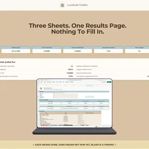 Puede incluir: Una interfaz digital para LucidLab Toolkit que muestra tablas de datos con encabezados que incluyen Working range, Limit of detection y Limit of quantification. La pantalla muestra una hoja de c&aacute;lculo con filas de m&eacute;tricas t&eacute;cnicas y el texto Three Sheets. One Results Page. Nothing To Fill In.