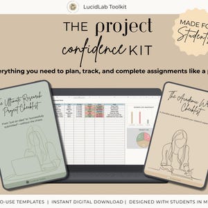 May include: A digital project confidence kit for students, featuring a laptop and two checklists. The checklists are titled "The Ultimate Research Project Checklist" and "The Academic Writing Checklist." The kit includes templates and is designed for easy use.