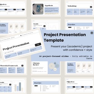 May include: A digital presentation template with a light blue and white color scheme. The text reads "Project Presentation Template" and "Present your (academic) project with confidence + style". The template includes 16 project-focused slides.