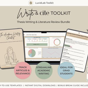 May include: A digital toolkit for thesis writing and literature review. The image shows a laptop and two tablets with the text "Write & Cite Toolkit". The tablets display checklists and break ideas. The toolkit includes templates and a bonus break guide.