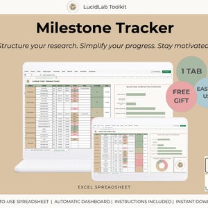 Op de afbeelding: Advertentie voor een Milestone Tracker Excel-spreadsheet. De afbeelding toont een laptop en tablet met de spreadsheet, met de tekst "Milestone Tracker" en "Structureer je onderzoek. Vereenvoudig je voortgang. Blijf gemotiveerd."
