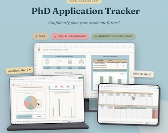 May include: A digital PhD Application Tracker Excel spreadsheet displayed on a computer monitor, a laptop, and a tablet. The interface features a visual dashboard with charts, graphs, and tables for tracking academic applications, deadlines, and funding.